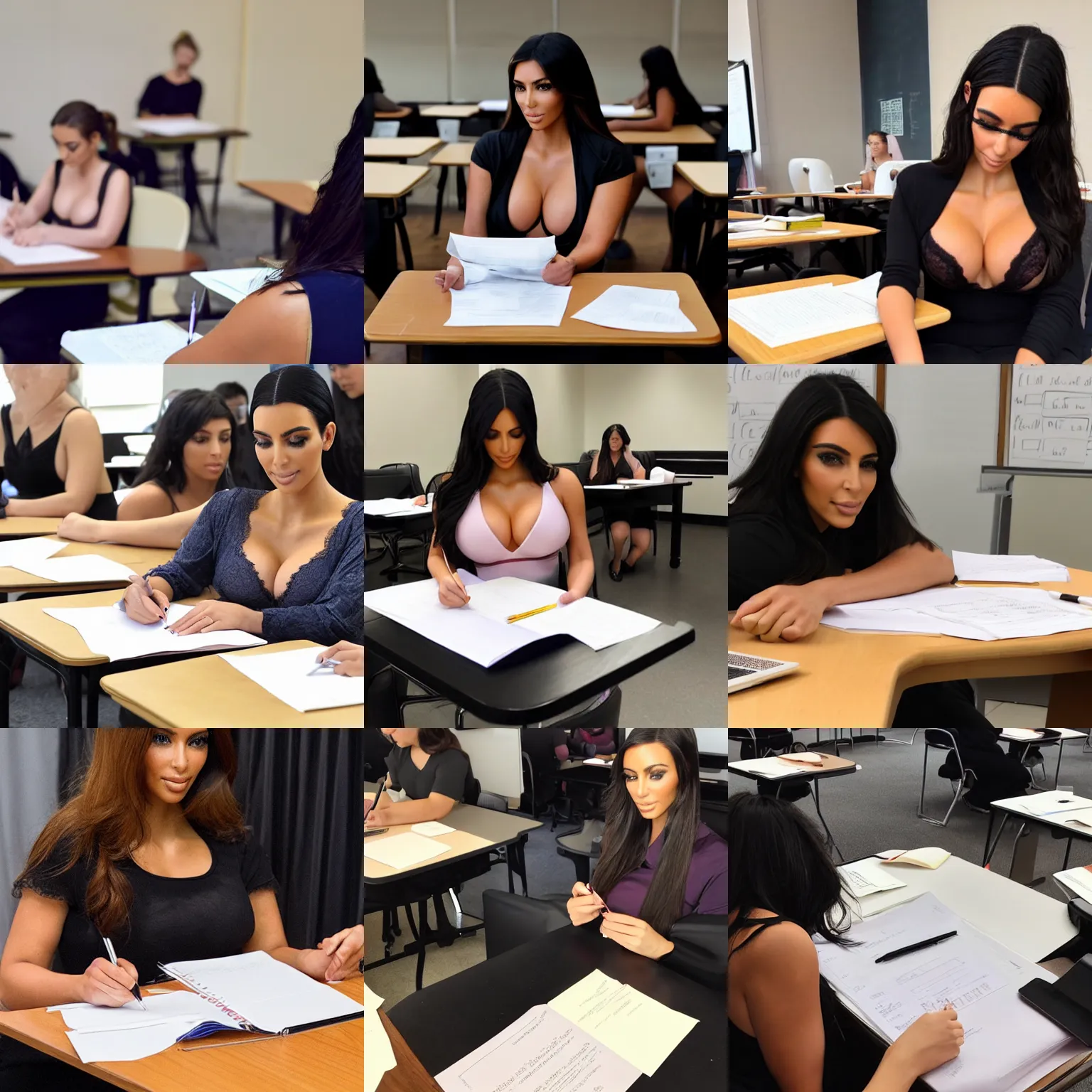 Prompt: a woman similar to kim kardashian and wearing lingerie reviewing student exams at a table