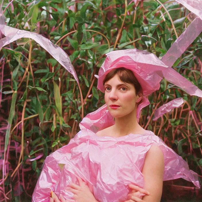 Prompt: closeup portrait of a woman wrapped in pink cellophane, standing in an overgrown greenhouse, color photograph, by edward hopper, canon eos c 3 0 0, ƒ 1. 8, 3 5 mm, 8 k, medium - format print