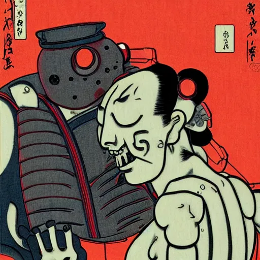 Image similar to a robot and a zombie hugging, shunga style, ukiyo - e art, artstation