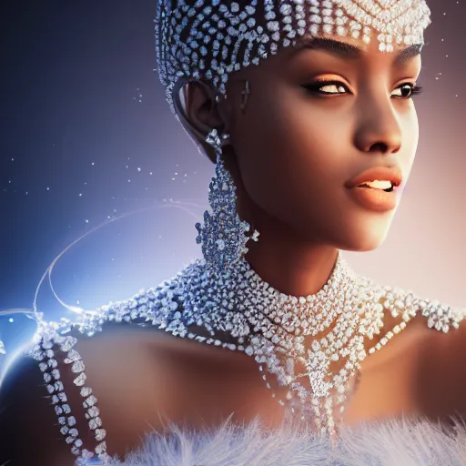 Image similar to portrait of wonderful princess of white diamonds with dark skin, white flowers, ornate with white diamonds, 8 k, gorgeous, intricate, detailed, glowing white accent lighting, dramatic lighting, octane render