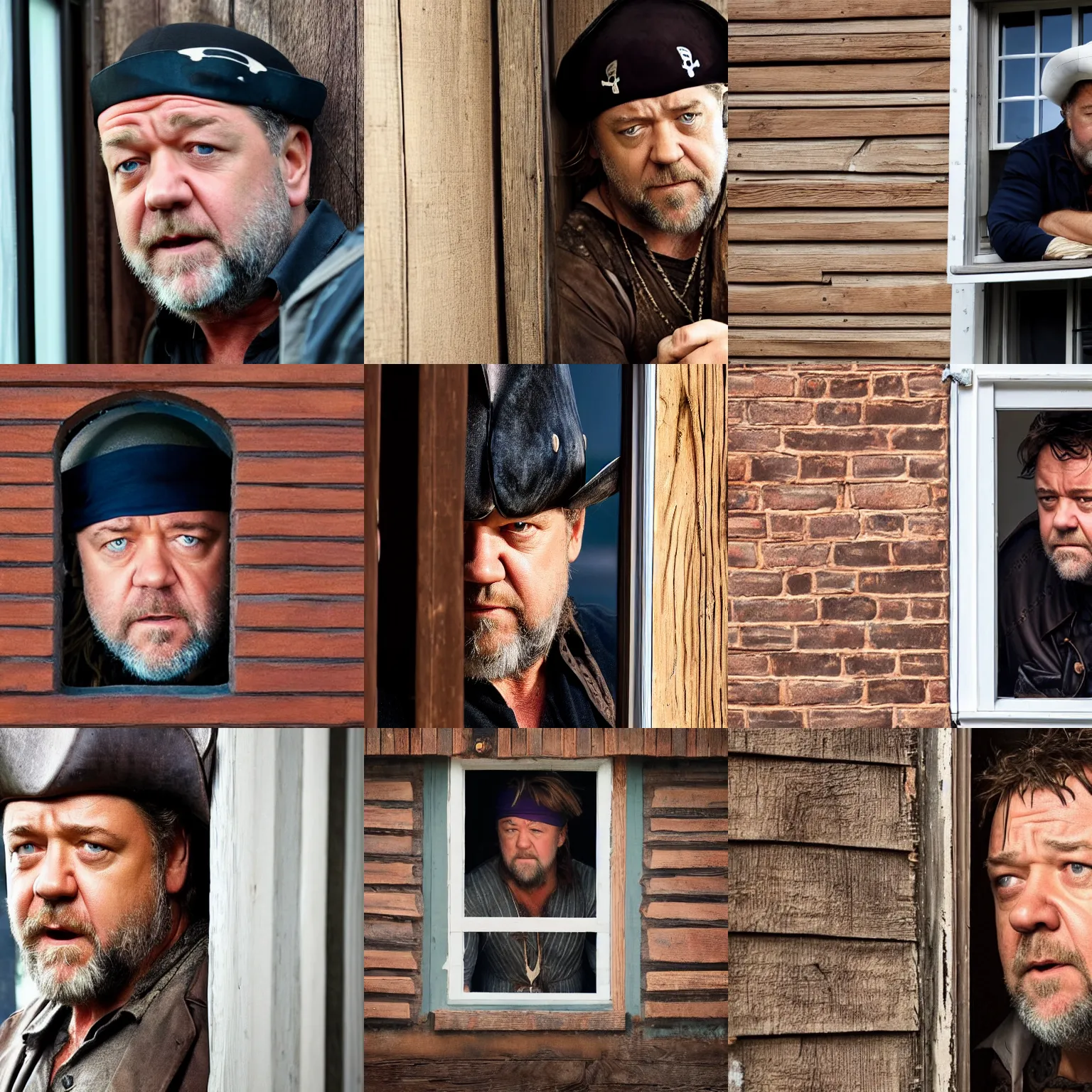 Prompt: concerned russell crowe with pirate hat peering out from a small window, wooden wall