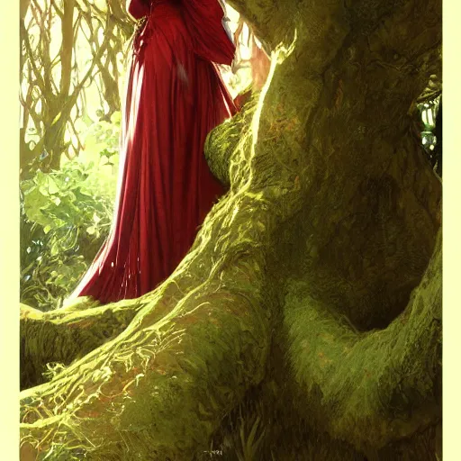 Image similar to portrait of a woman resting on large tree, regal dark red clothing, blonde hair, green lines, sharp focus, intricate, cinematic lighting, smooth, ultra realistic illustration, high fantasy, elegant, by artgerm, greg rutkowski, alphonse mucha magali villeneuve