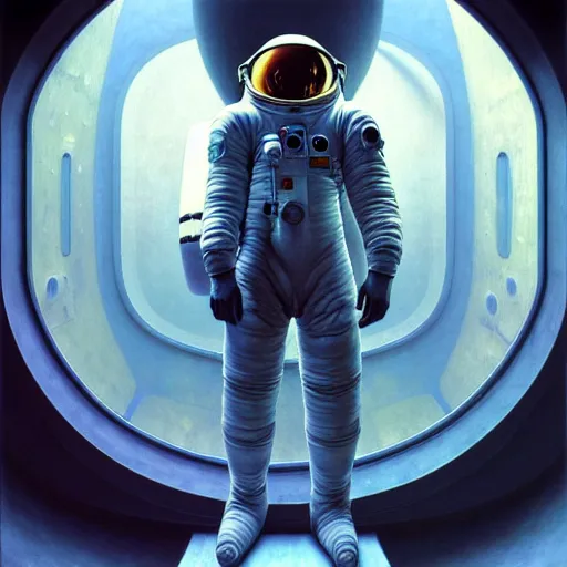 Image similar to detailed character concept art portrait of an astronaut floating in an empty chamber, artstation, award - winning realistic sci - fi concept art by zdzisław beksinski and greg rutkowski, jim burns, a realism masterpiece, james gilleard, bruegel, alphonse mucha, and yoshitaka amano