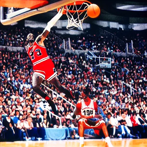 Image similar to michael Jordan as superman dunking a basketball