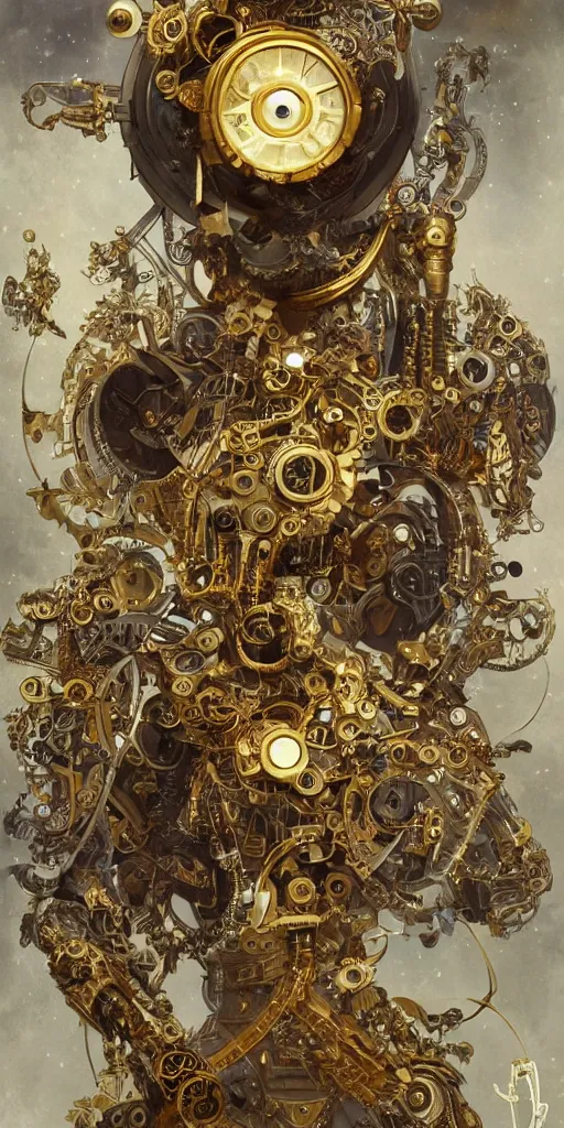 Prompt: ultra realistic illustration, robot marionette character made of clockwork parts of gold and brass, staring directly into camera, ornate, engraved, intricate, elegant, highly detailed, digital painting, artstation, concept art, smooth, sharp focus, illustration, art by michael kutsche, peter mohrbacher, alphonse mucha, artgerm and greg rutkowski