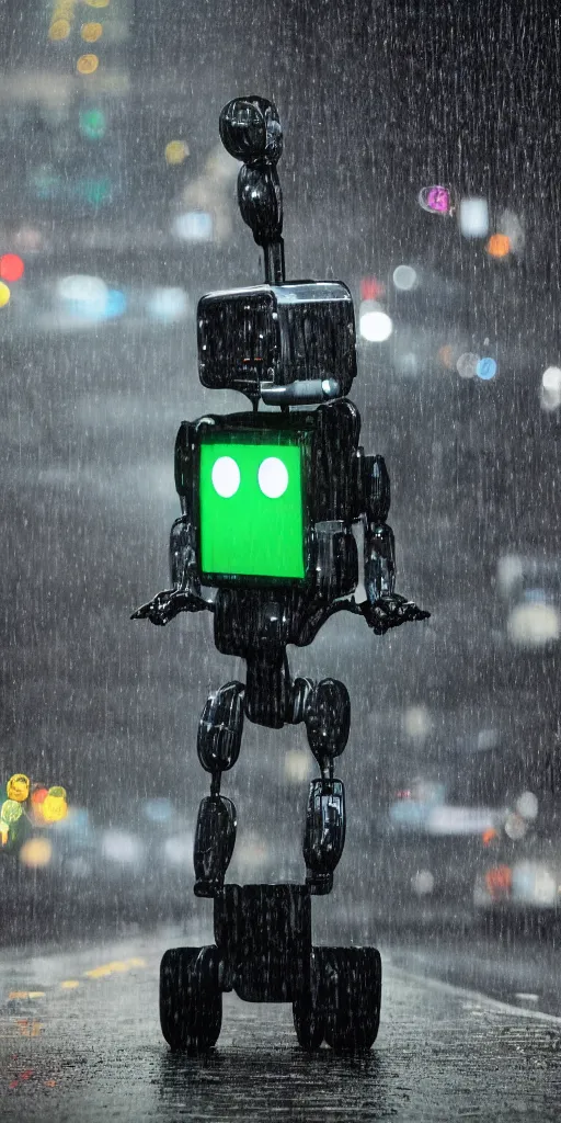 Image similar to robot on the road, city, photo, rain, rain, rain,