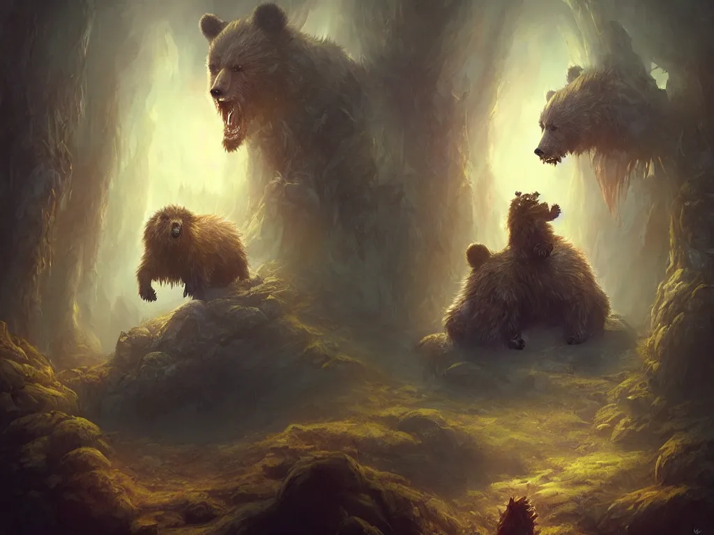 Image similar to demonic bear in a dream land, monster concept art, artstation, dynamic lighting, nightmare environment, inspired by witcher monsters, painted by justin gerard and daniel zrom and even amundsen