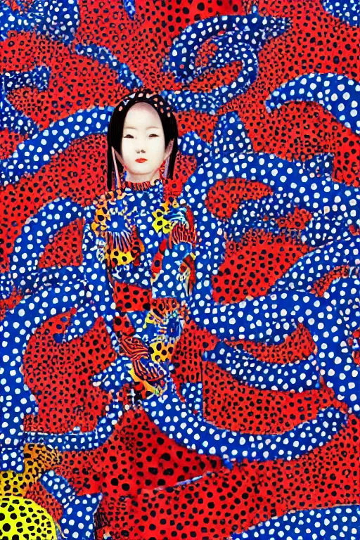 Image similar to hyper realistic painting of a japanese woman foreground by kei mieno, pattern background by yayoi kusama, highly detailed, symmetrical