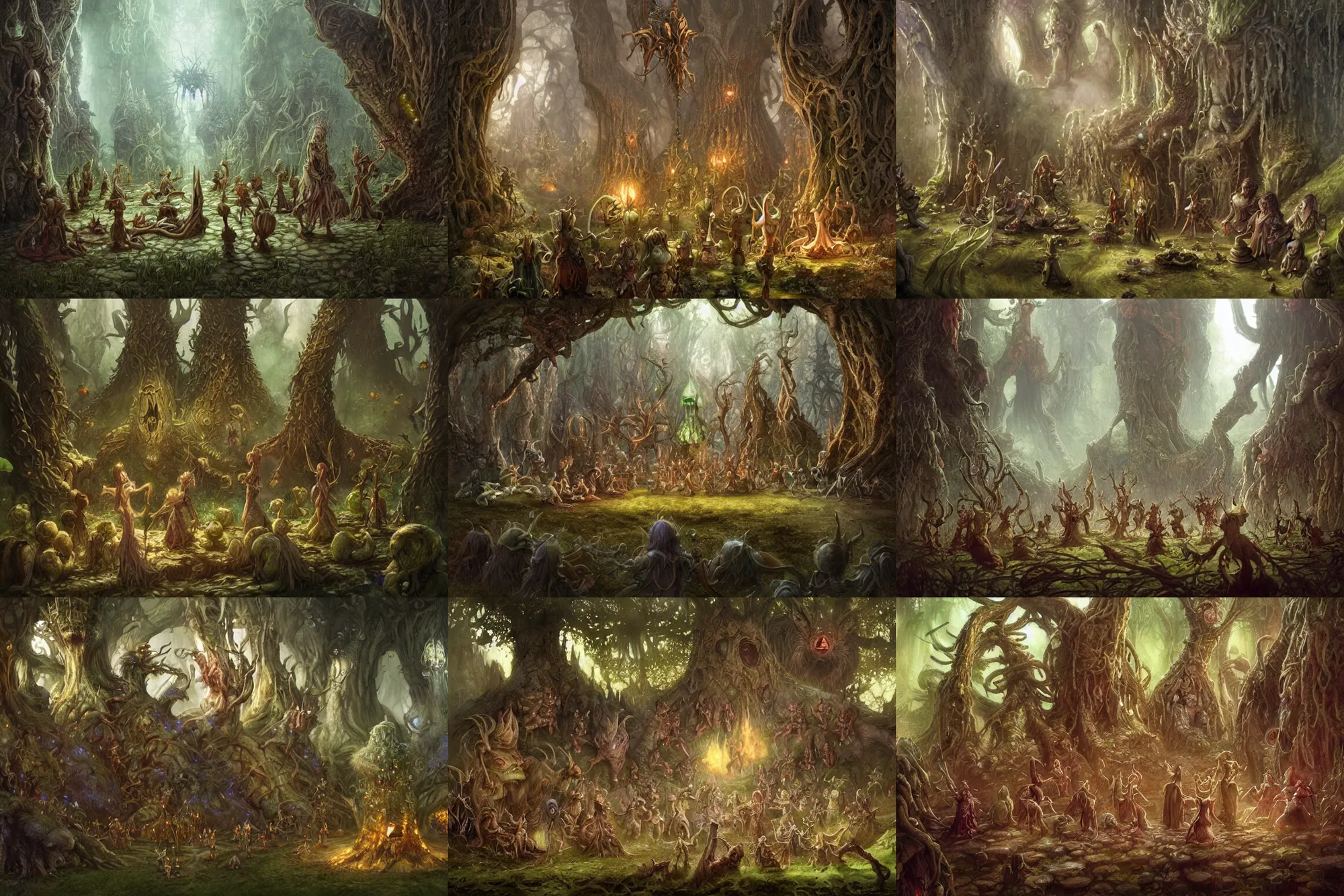 Prompt: elves having a party with tree monsters and some critters by brian froud, highly detailed, intricate, fantasy, concept art, matte painting, sharp focus, smooth, lighting by greg rutkowski, rich vivid color scheme