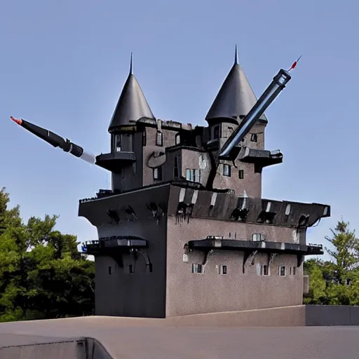 Image similar to photo of a modern metal castle with ballistic missiles on the roof