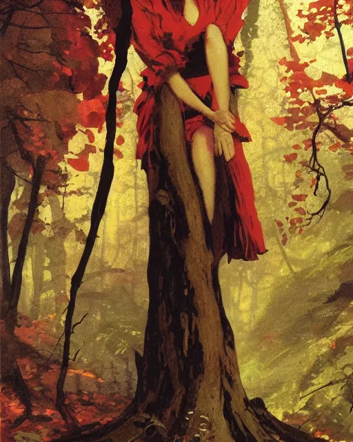 Prompt: a girl wearing red lost in the dark woods, 1 9 7 0 s, seventies, wallpaper, delicate embellishments, painterly, offset printing technique, by john howe, brom, robert henri, walter popp