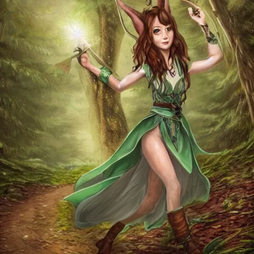 Image similar to a realistic portrait of a female elf with a long withe and light green dress holding a scepter walking in the woods , perfect and hyper datailed face, wild face , detailed trees