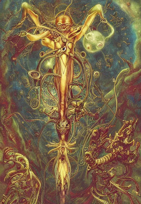 Image similar to simplicity, elegant, colorful muscular sci - fi eldritch, flowers, astronauts, radiating, mandala, psychedelic, outer space, shadows, by h. r. giger and esao andrews and maria sibylla merian eugene delacroix, gustave dore, thomas moran, pop art, giger's biomechanical xenomorph, art nouveau