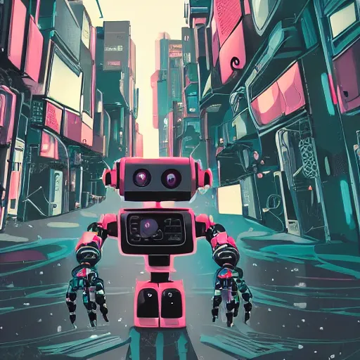 Prompt: robot holding hands with a child in the middle of a cyberpunk city