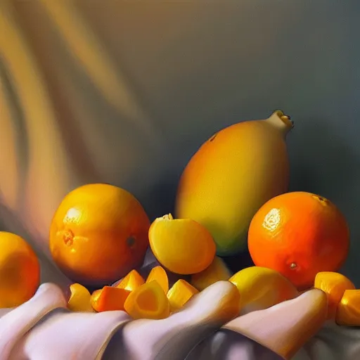 Image similar to A beautiful still life oil painting of Oranges pineapples bananas Pomegranates lying on a silk cloth, fog, volumetric, lighting, summer, hyperrealistic, art by artgerm