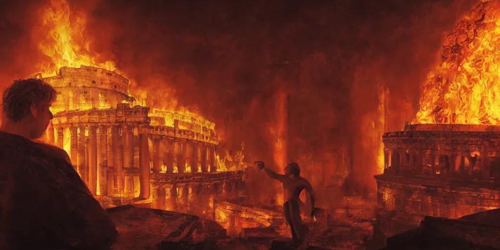 Image similar to Painting of Emperor Nero watching the great fire of rome, abstract, realism, 8k, detailed, terror, octane render, 3d render, complex emotion, glow