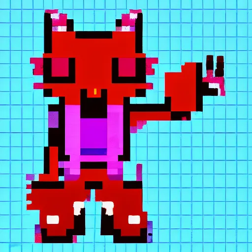 Prompt: pixel art humanoid robot cat, in the style of celeste and and hyper light drifter