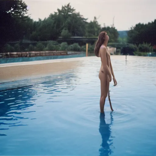 Image similar to woman wearing a wire and linen cloak standing in a pool, kodak vision3 500t,