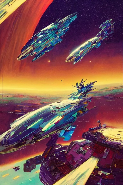 Prompt: colorful graphic novel, two massive spaceships docking in space on orbit above a planet, art by Tilly Walden, moebius, John Berkey,trending on Artstation, hyper detailed, cinematic, dynamic lighting