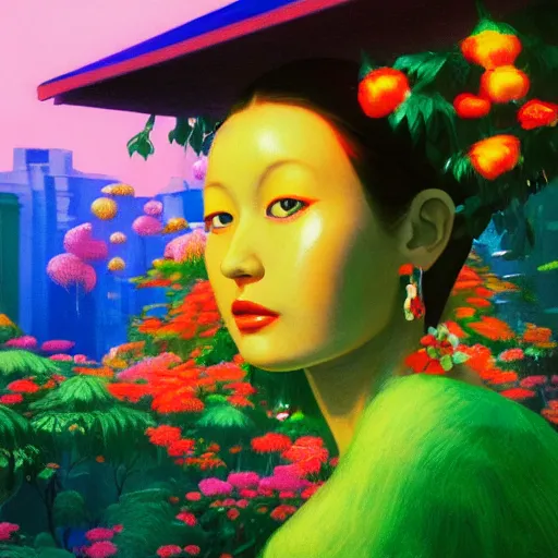 Prompt: a vibrant dream of nostalgic psychedelic hallucination of a portait of a girl in tokyo japan, lush plants and lanterns, a beautiful woman wearing a gucci dress, high fashion, by moebius, edward hopper and james gilleard, zdzislaw beksinski, steven outram hd, 8 k, artstation