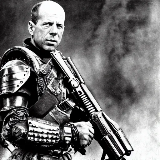 Image similar to old black and white photo, 1 9 1 3, depicting bruce willis in combat armor with guns, historical record, tentacles around