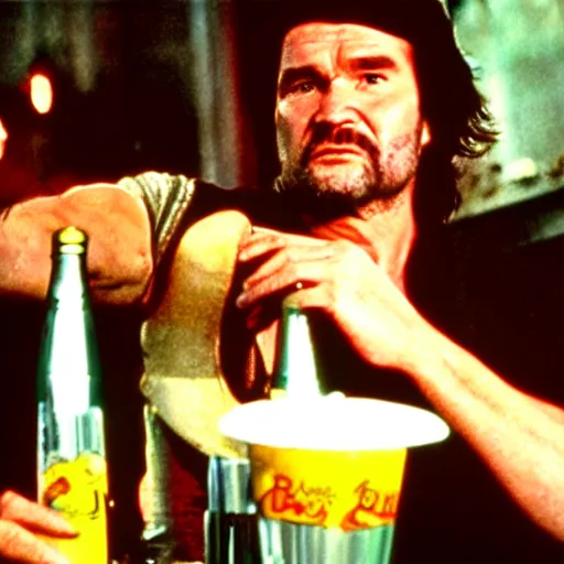 Image similar to deleted scene from Big trouble in little China, cinematic still, Jack Burton drinking beer, amazing shot