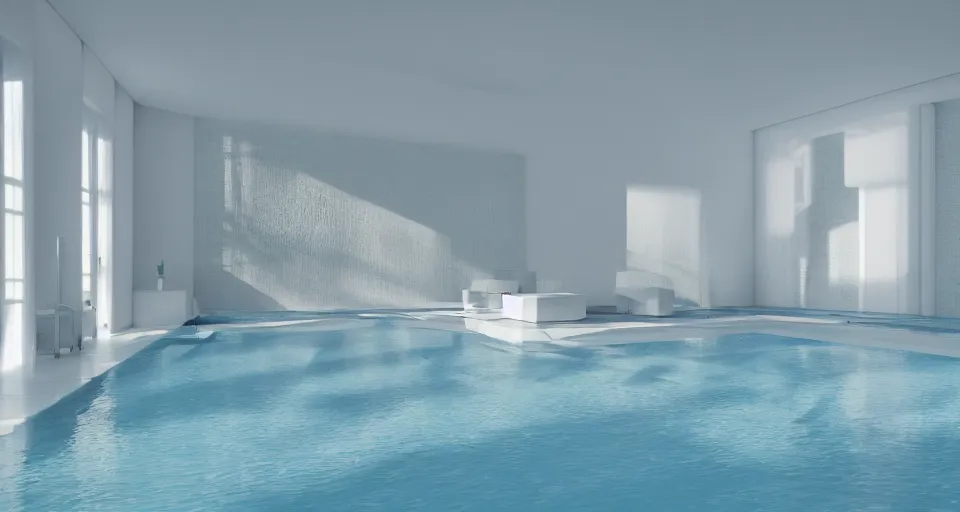 Image similar to Dream Pool in rooms of white ceramic tile, sunlight coming in from windows with a blue sky, environment unreal engine, low level, 4K UHD image, octane render,