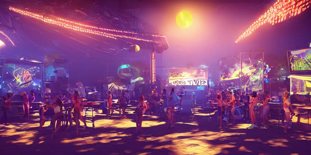 Prompt: fever disco traveller festival, unreal 5, hyperrealistic, realistic, photorealistic, dynamic lighting, highly detailed, cinematic landscape, studio landscape, studio lighting