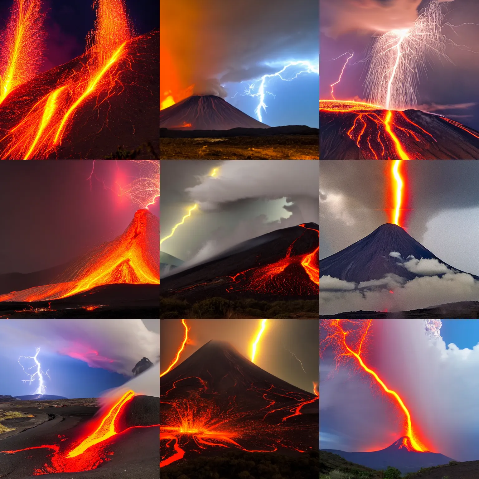 Prompt: a extremely detailed volcano spewing lava and black smoke, streams of glowing hot lava, hot air refraction, flashes of lightning in the distance, photo by wayne barlow