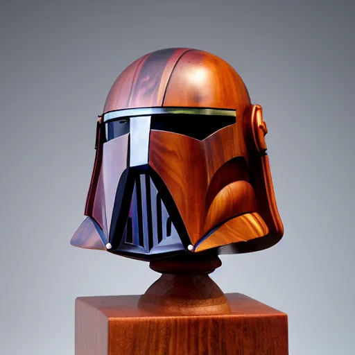 Prompt: a completely made of wood, real - world sculpture bust of the mandolorian star - wars character, made of highly polished walnut wood, polished, cedar, polished tiger - wood. photograph, photographic, 3 5 mm