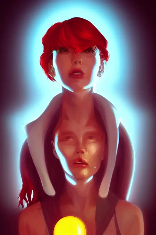 Prompt: portrait of a cyberpunk woman eating a small sun that is glowing, implants, red hair, cocept art, artststation, beautiful