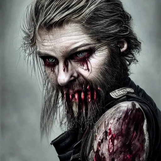 Prompt: portrait painting of a sneering biker with pale skin and shaggy hair wiping blood from his face, sharp focus, ultra realistic, concept art, intricate details, eerie, highly detailed, photorealistic, octane render, 8 k, unreal engine. art by tim bradstreet and loran desore
