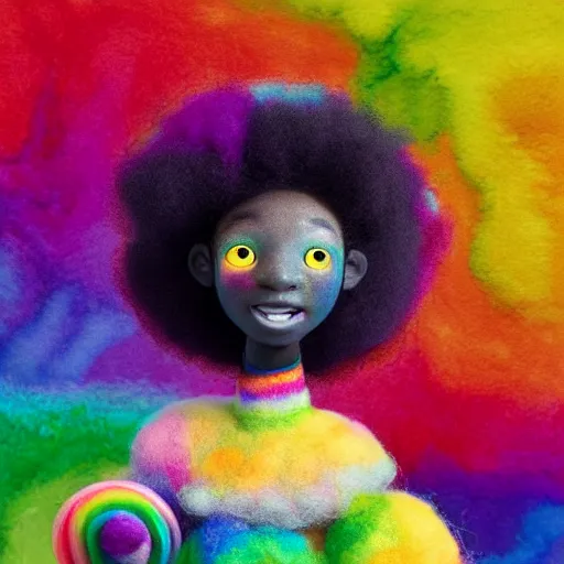 Image similar to a black girl with a colorful afro and rainbow eyes doing ballet, bright colours, bokeh!! watercolor, volumetric wool felting, macro photography, children illustration, by goro fujita