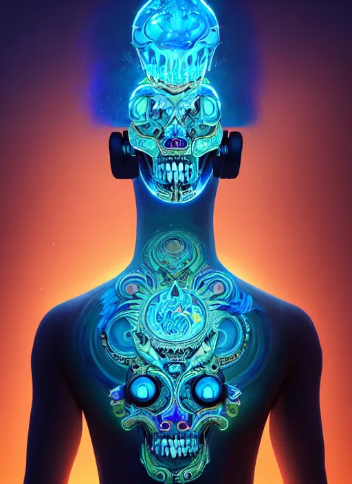 Image similar to 3 d shaman with tattoos profile portrait, sigma 5 0 0 mm f / 5. beautiful intricate highly detailed quetzalcoatl skull and feathers. bioluminescent, plasma, lava, ice, water, wind, creature, thunderstorm! artwork by tooth wu and wlop and beeple and greg rutkowski, 8 k trending on artstation,