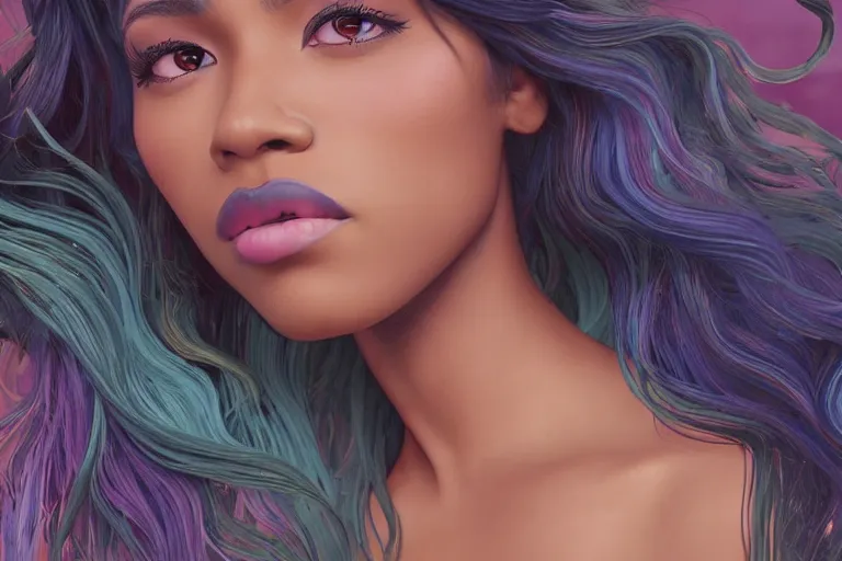 Image similar to beautiful black woman with gorgeous pastel balayage hairstyle, as seen on artgerm, octane render, in the style of alphonse mucha, ultra realistic, highly detailed, 8 k