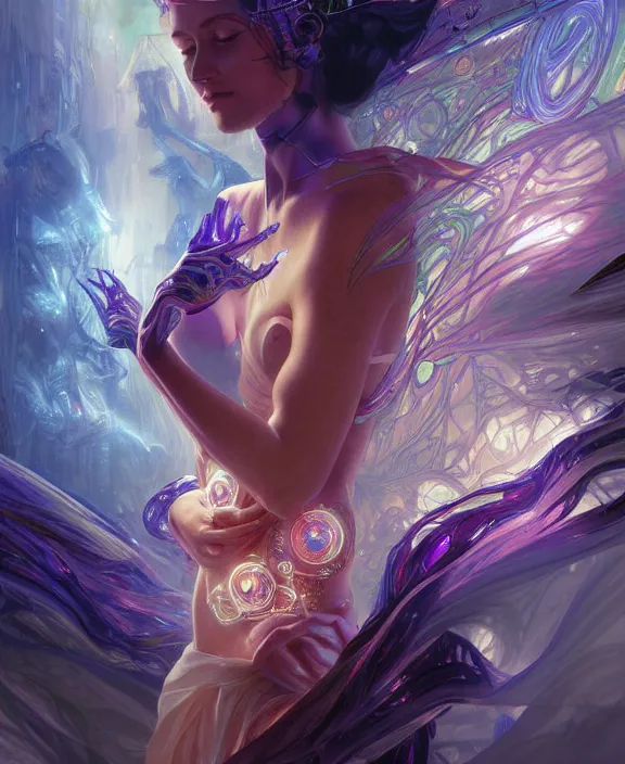 Image similar to a whirlwind of souls rushing inside the metaverse, half body, glowin eyes, tiara with sapphire, pharaoh, android, cyberpunk, d & d, fantasy, intricate, elegant, highly detailed, colorful, vivid color, digital painting, artstation, concept art, art by artgerm and greg rutkowski and alphonse mucha and ruan jia