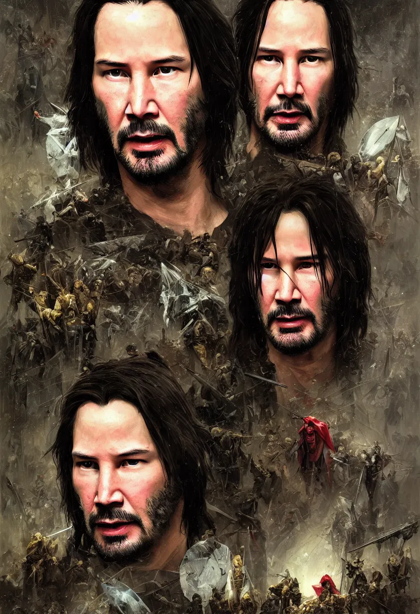 Image similar to young keanu reeves as donald trump, legendary warrior, heroic fighter, lord of the rings, tattoos, decorative ornaments, battle armor, by omar ortiz, carl spitzweg, ismail inceoglu, vdragan bibin, hans thoma, greg rutkowski, alexandros pyromallis, perfect face, fine details, realistic shading photorealism