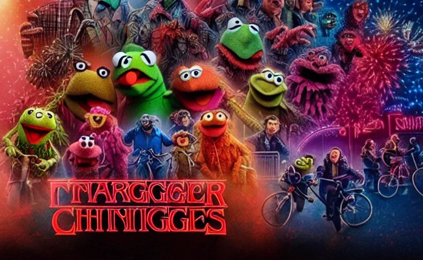 Prompt: a still of muppets in stranger things. highly detailed felt. hyper real photo. 4 k.