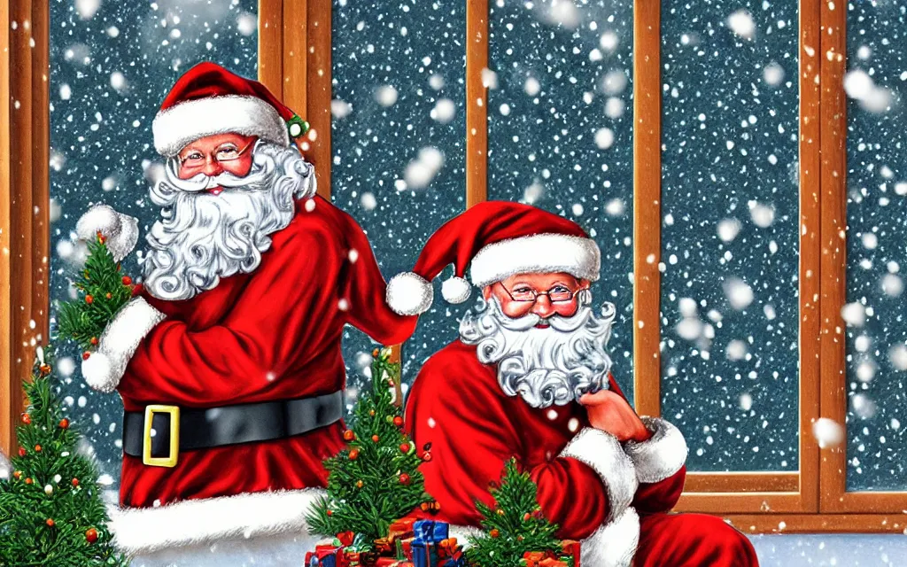 Image similar to santa claus in front of a christmas tree, snowing out the window poster digital illustration