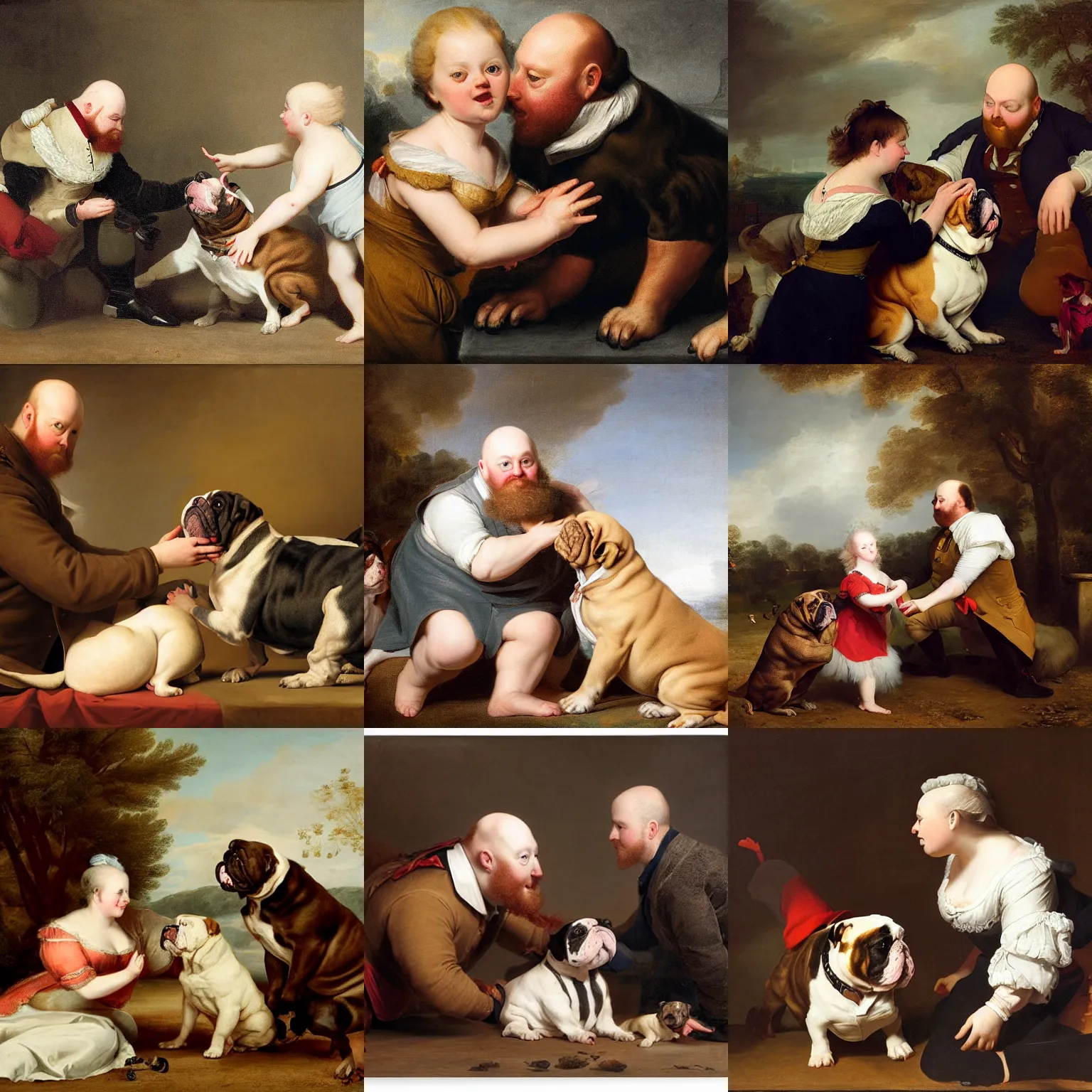 Prompt: playful portrait of angriestpat petting a very brown fat english bulldog by joseph ducreux