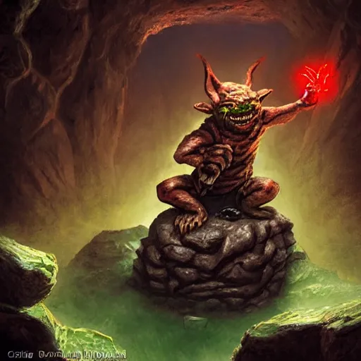 Image similar to a goblin made out of rocks, with glowing red eyes, in a cave, like magic the gathering, by christopher rush, hd, digital art