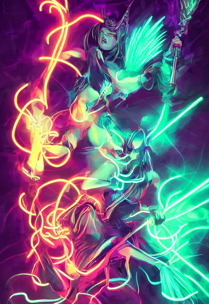 Prompt: , woman with neon sword fighting a horned demon, digital effects glowing ,digital art, illustration, closeup, stylized, cel shaded