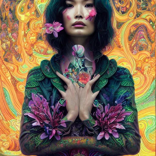 Image similar to portrait of gemma chan, hyper detailed masterpiece, neon floral pattern, jean giraud, digital art painting, darkwave goth aesthetic, psychedelic, artgerm, donato giancola and tom bagshaw