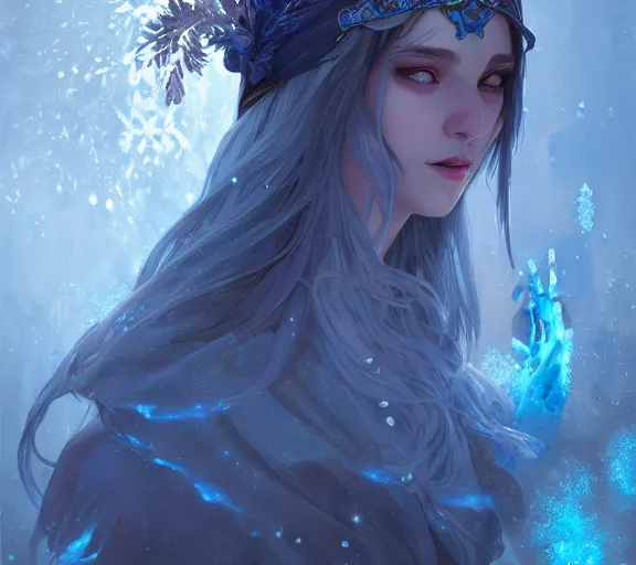 Prompt: beautiful ancient frost witch, blue fire in eye, snow glow, pool party, highly detailed, digital painting, artstation, sharp focus, illustration, art by tan zi and ayanamikodon and alphonse mucha and wlop!