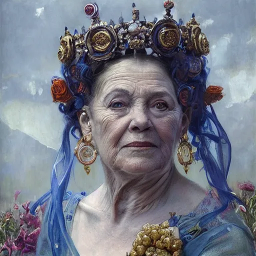 Image similar to highly detailed portrait of a majestic queen in the form of an old woman. d & d. art by donato giancola, eugene delacroix, ruan jia, carl larsson, peter mohrbacher. trending on artstation, intricate details, energetic composition, golden ratio, concept art, illustration, elegant art, global illuminaition