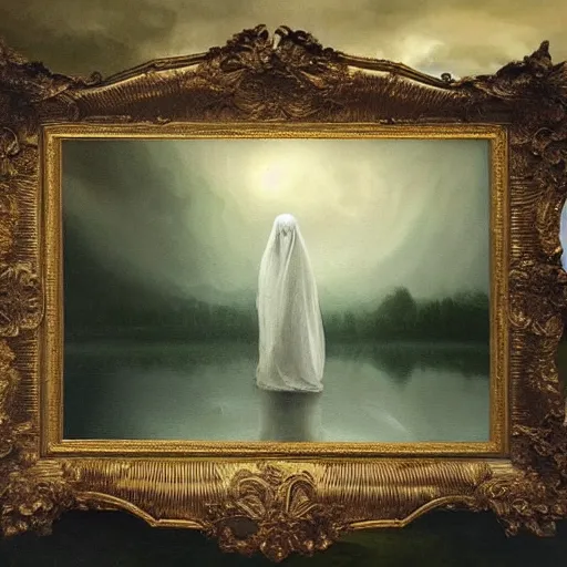 Image similar to ominous bedsheet ghost floating above a lake, oil painting, brush strokes, gloomy misty atmosphere, symmetrical, full body image, highly ornate intricate details,