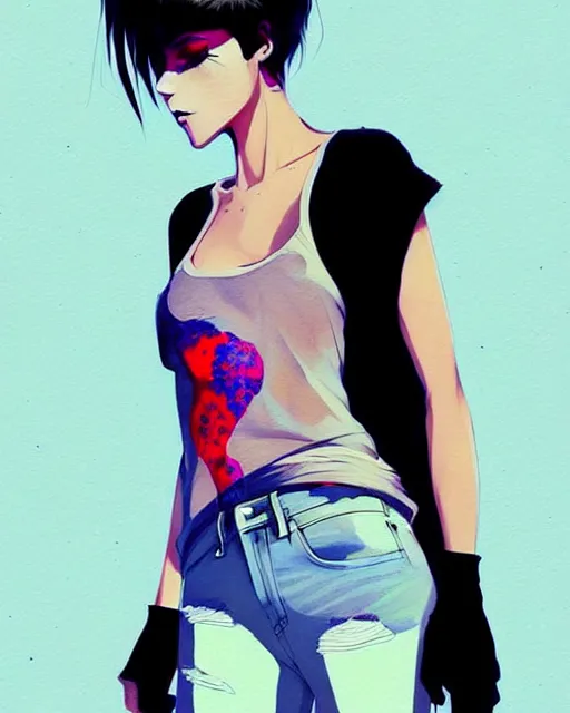 Image similar to a ultradetailed beautiful full body painting of a stylish woman with short hair, she is wearing a black tank top and jeans, by conrad roset, greg rutkowski and makoto shinkai trending on artstation