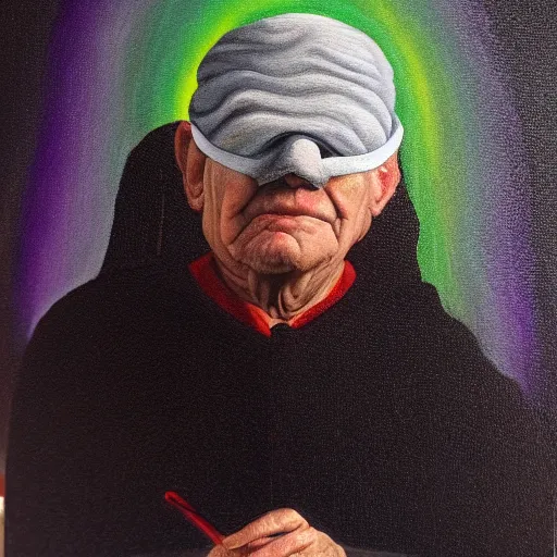 Prompt: A painting of a blindfolded old man, with a distant rainbow hanging over his head