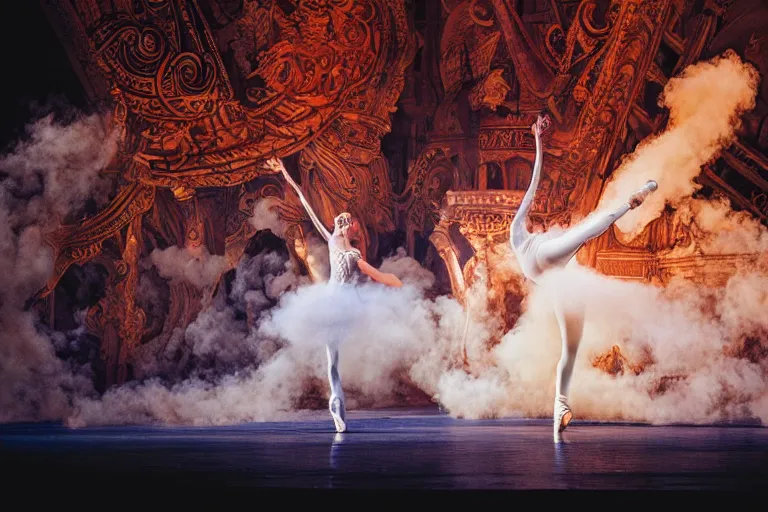 Prompt: playbill of prima ballerina, stage lighting, low angle, oriental scene, hyper realistic, smooth, focus, radiant, dramatic lighting, swirling smoke, low fog, golden hour, intricate, highly detailed, perfect face