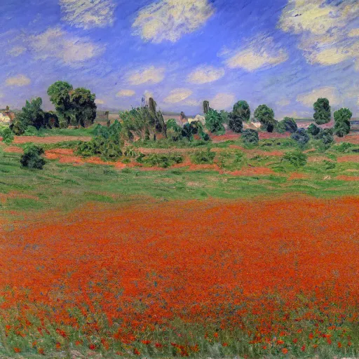 Prompt: A vast field of poppy flowers under a blue sky by Monet, village in distance